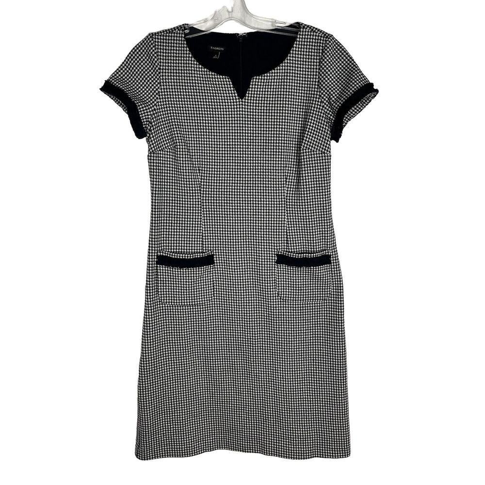 TALBOTS Blue White Houndstooth Stretch Shift Dress Size 2 Short Sleeve‎